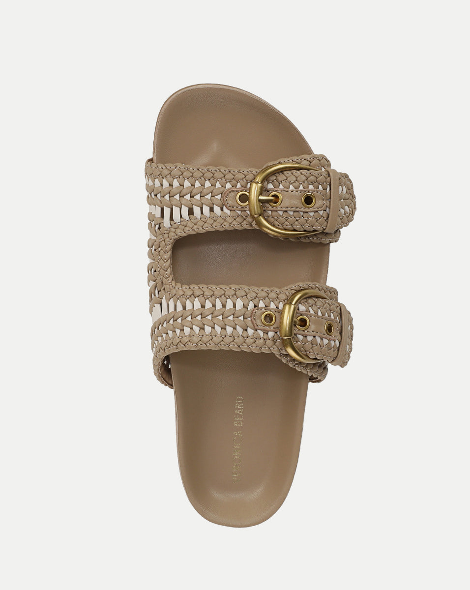 Woven-Leather Sandals with Cork Sole & Gold Buckles | Prue