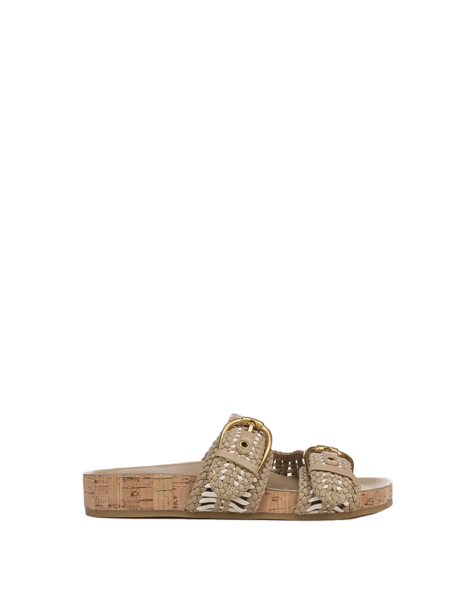 Woven-Leather Sandals with Cork Sole & Gold Buckles | Prue