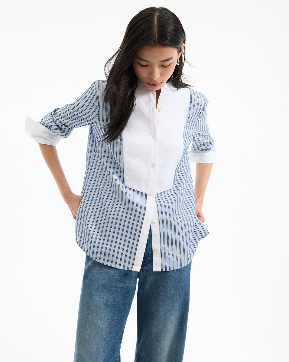 Relaxed Fit Collarless Shirt with Contrast Cuffs | Naya