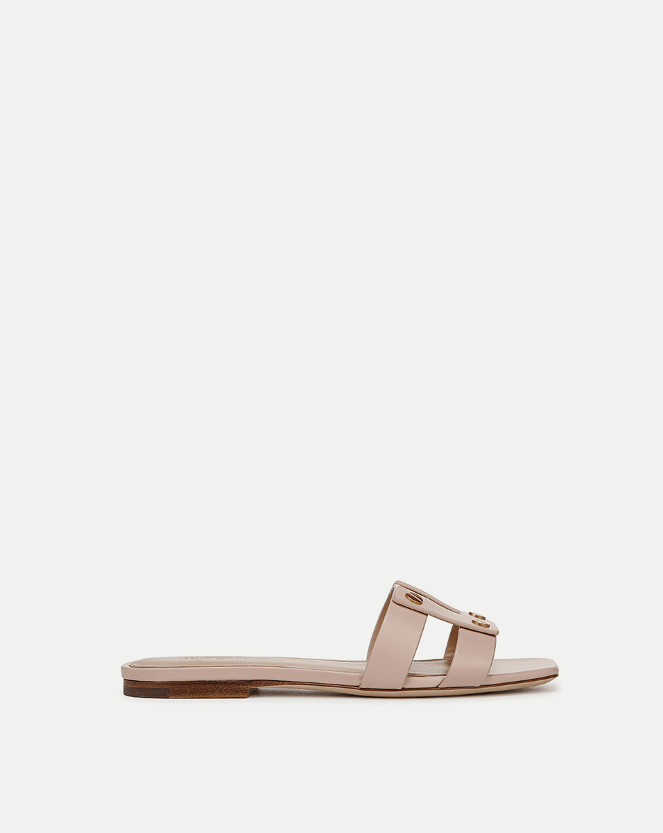 Leather Slide Sandals with Gold Hardware | Via Open-Toe Straps