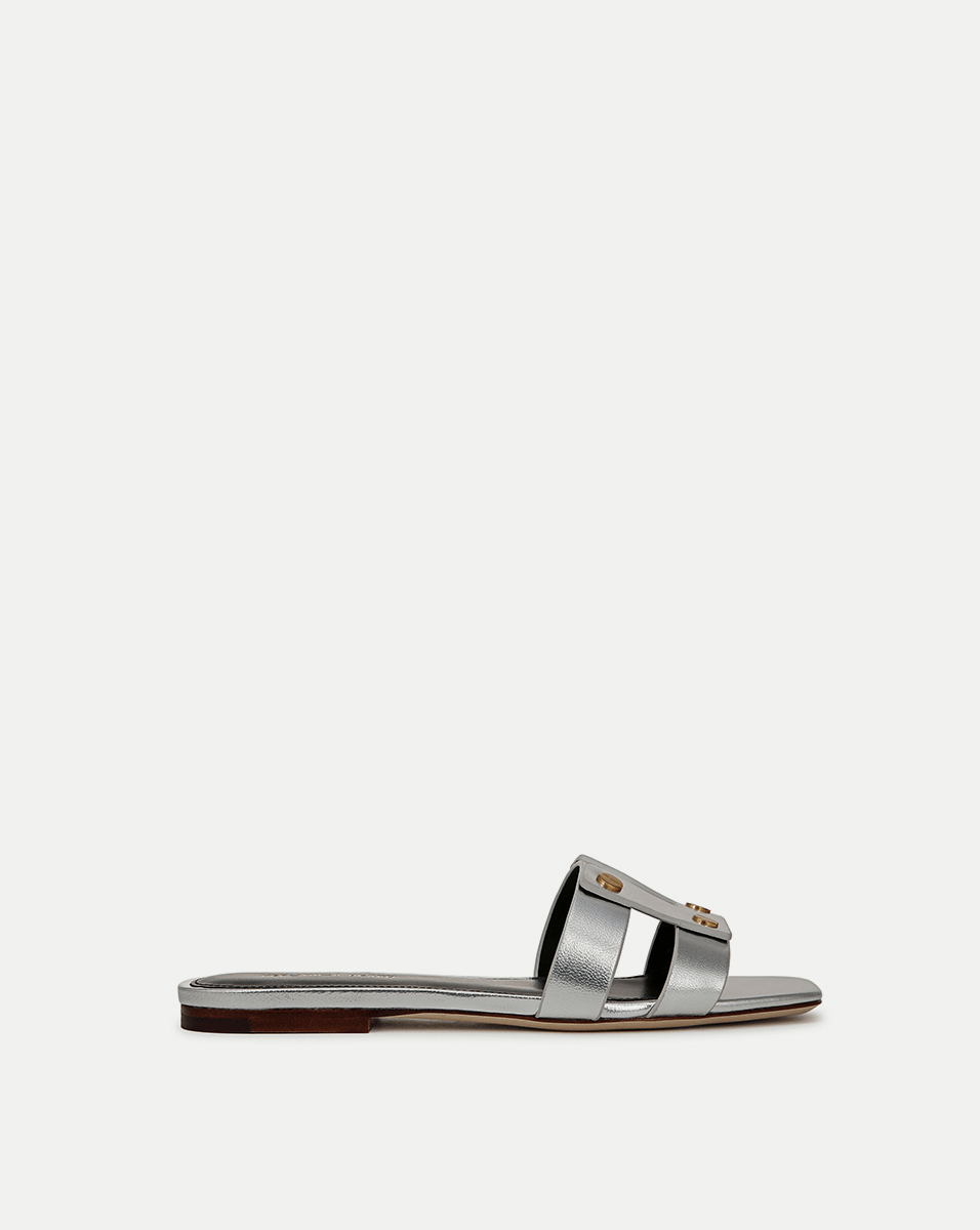 Leather Slide Sandals with Gold Hardware | Via Open-Toe Straps
