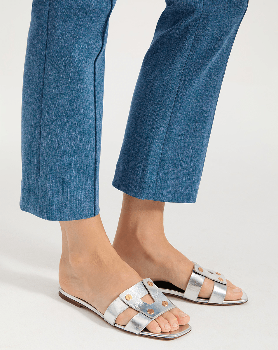 Leather Slide Sandals with Gold Hardware | Via Open-Toe Straps