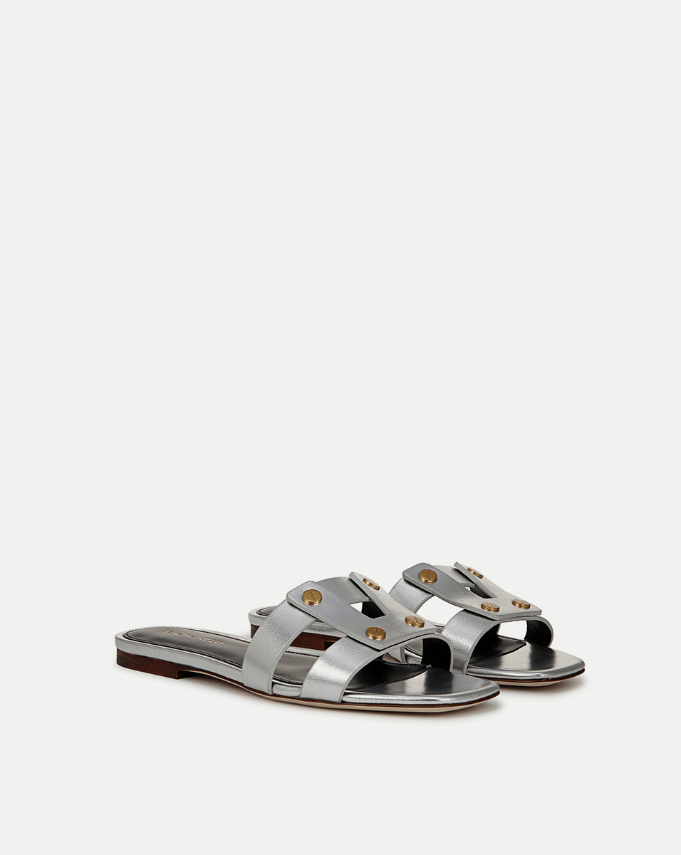 Leather Slide Sandals with Gold Hardware | Via Open-Toe Straps