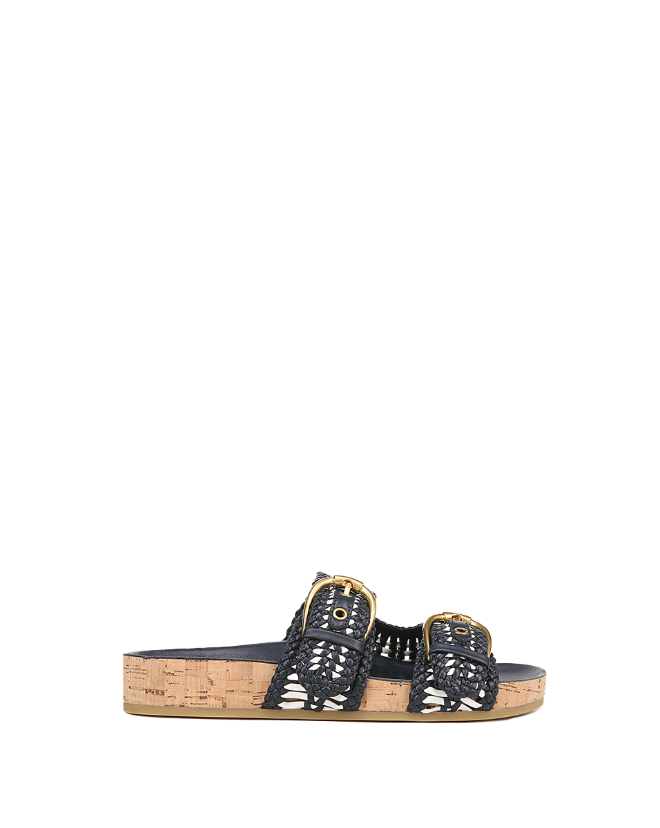 Woven-Leather Sandals with Cork Sole & Gold Buckles | Prue