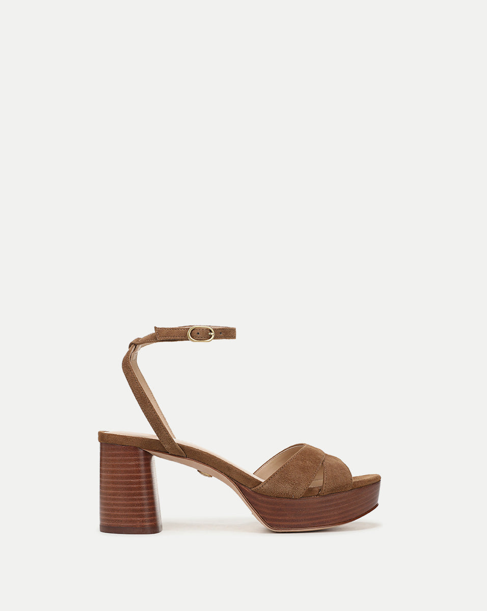 Tan Suede Platform Sandals with Block Heel & Ankle Strap | Drina