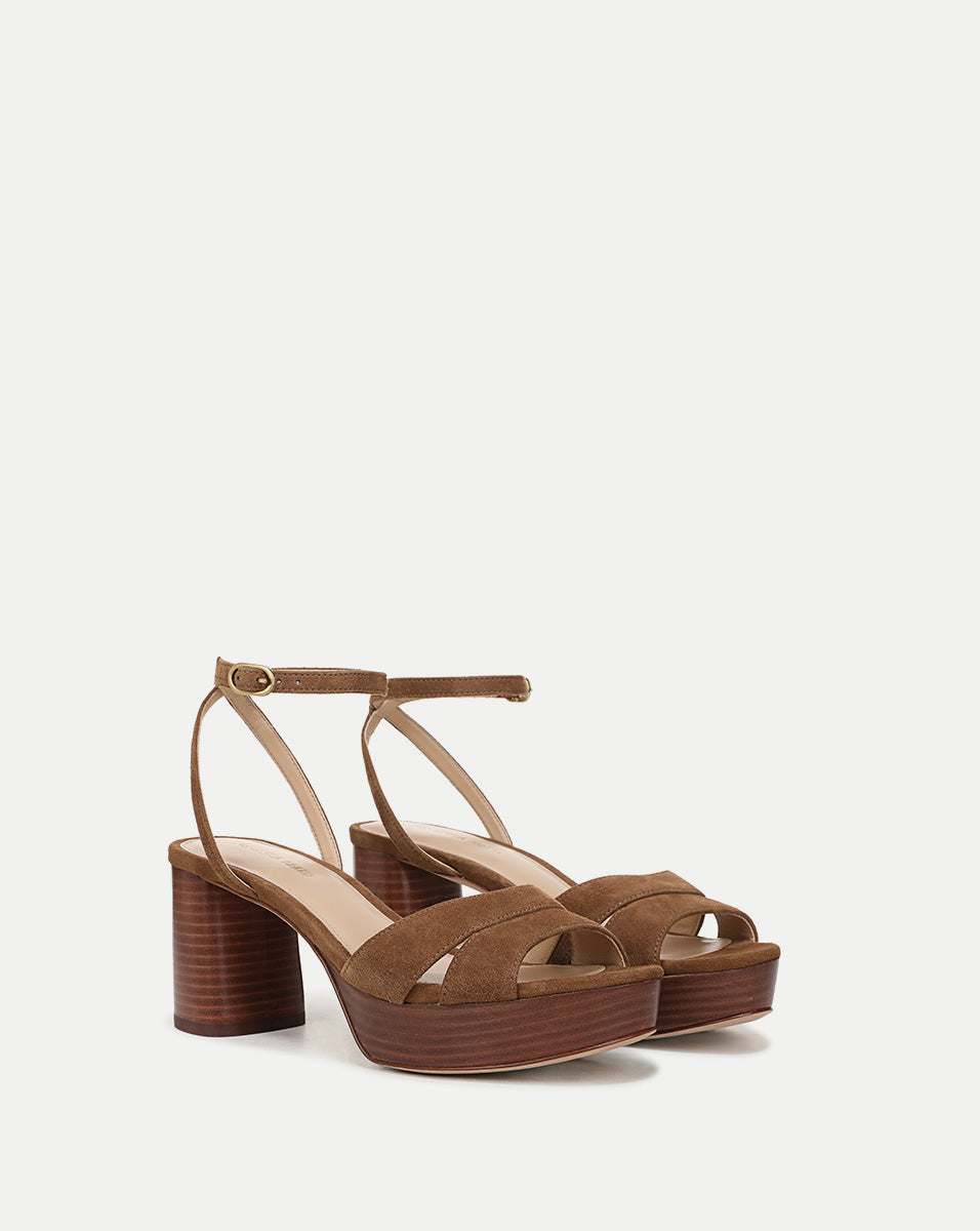 Tan Suede Platform Sandals with Block Heel & Ankle Strap | Drina