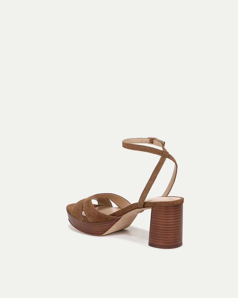 Tan Suede Platform Sandals with Block Heel & Ankle Strap | Drina