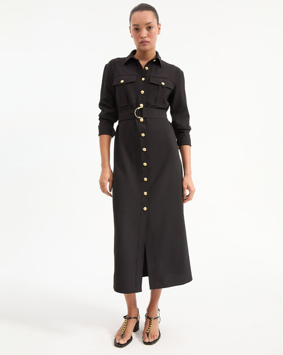 Elegant Black Shirtdress with Gold Buttons & D-Ring Belt | Jaden
