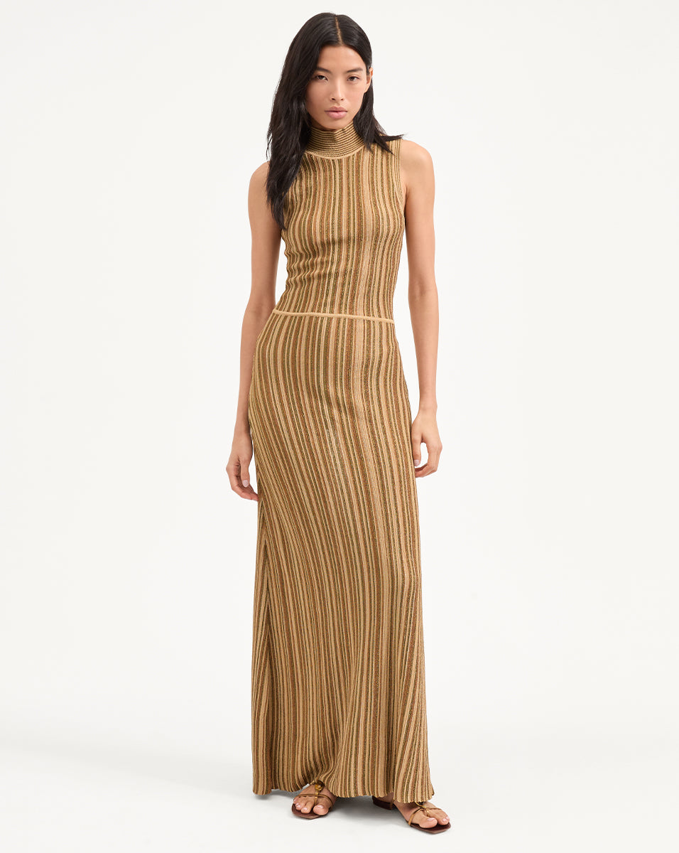 Striped Metallic Knit Maxi Dress | Anna Turtleneck Sleeveless