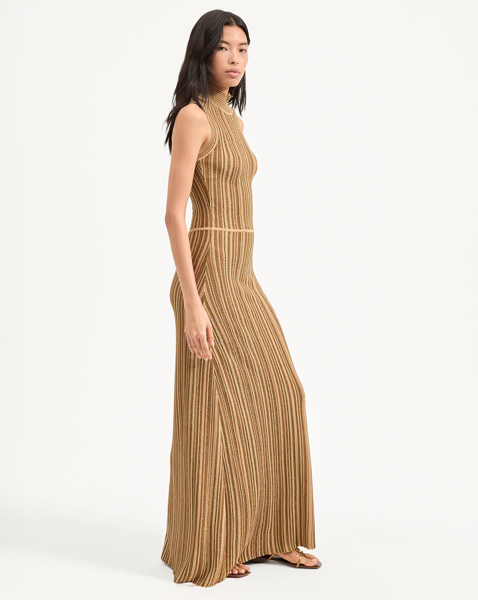 Striped Metallic Knit Maxi Dress | Anna Turtleneck Sleeveless