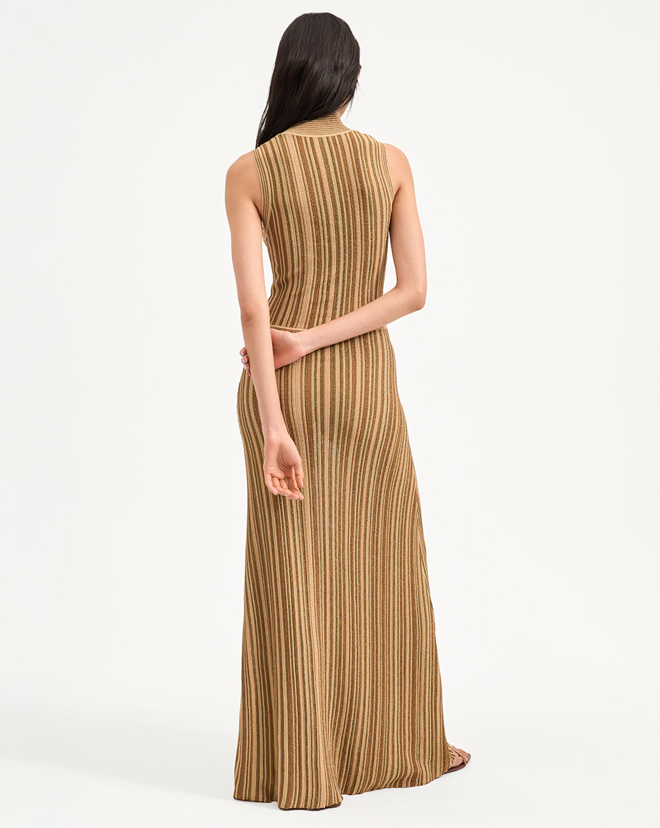 Striped Metallic Knit Maxi Dress | Anna Turtleneck Sleeveless