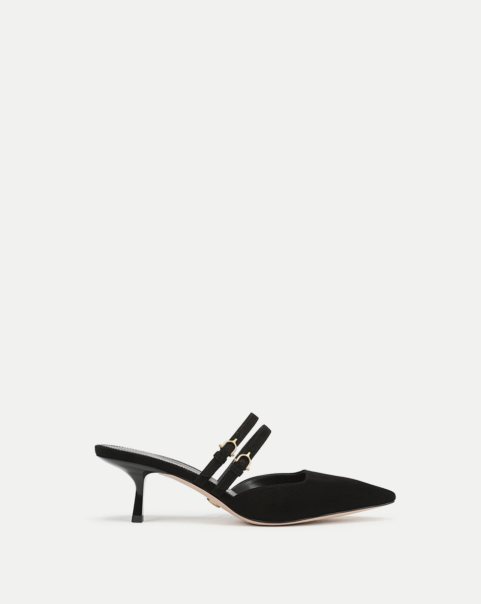 Black Suede Kitten-Heel Mule with Mary Jane Straps | Corrie