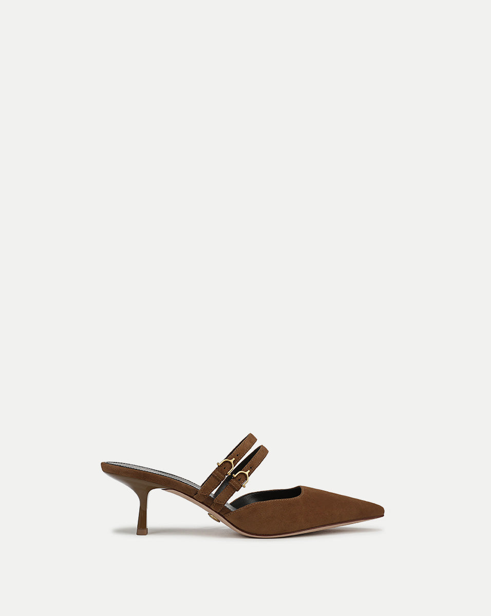 Black Suede Kitten-Heel Mule with Mary Jane Straps | Corrie