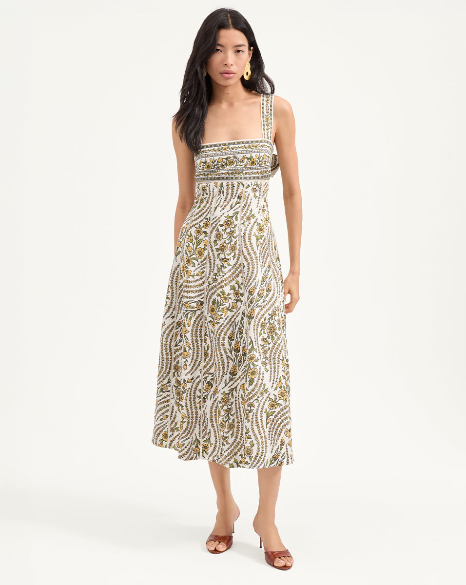 Floral Linen Midi Dress with Square Neckline | Rye Dress