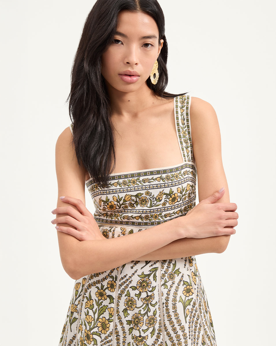 Floral Linen Midi Dress with Square Neckline | Rye Dress