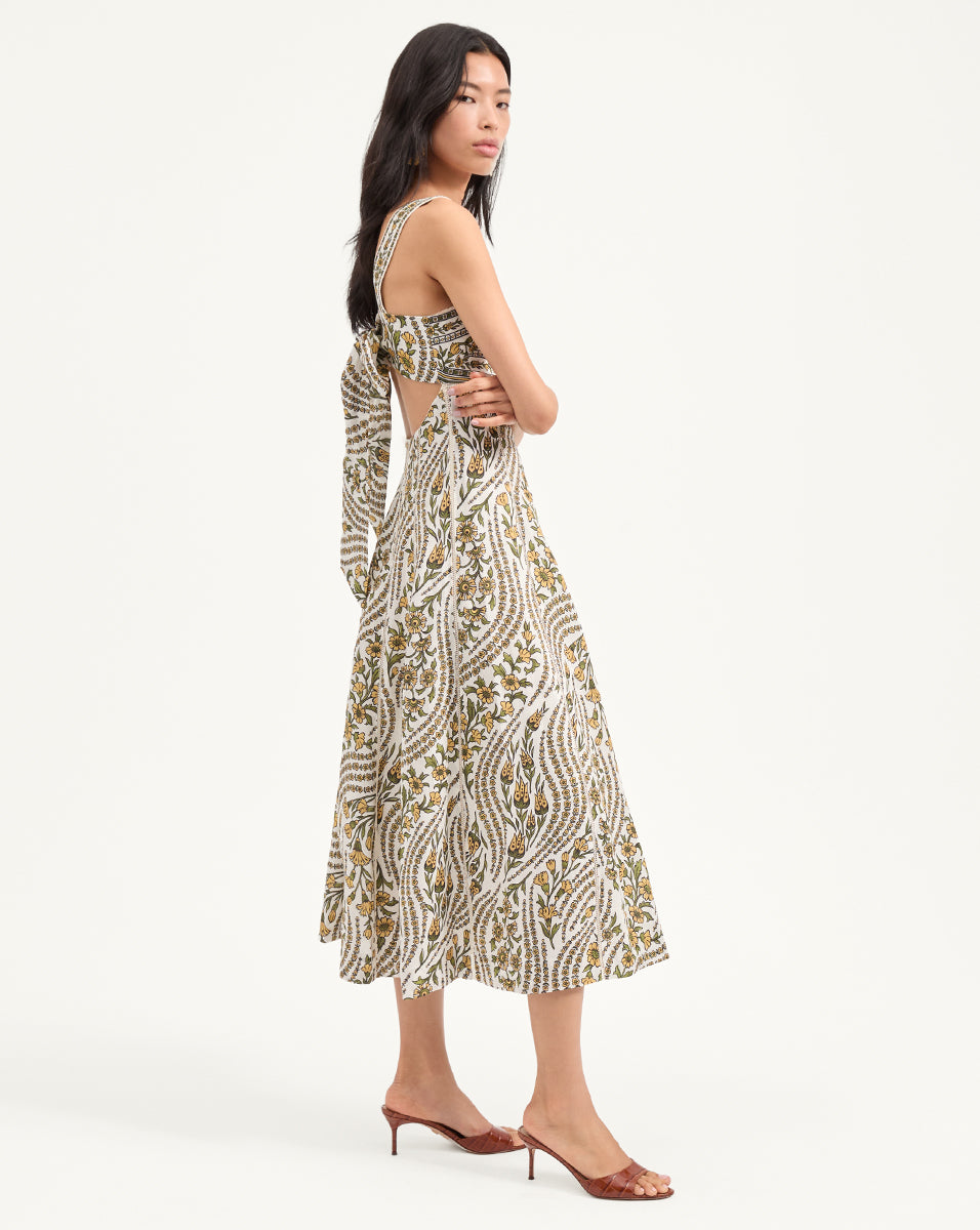 Floral Linen Midi Dress with Square Neckline | Rye Dress