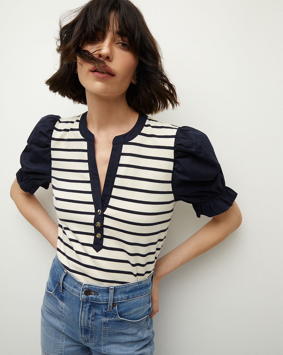 Puff-Sleeve Cotton Top with Colorblocking | Raegan