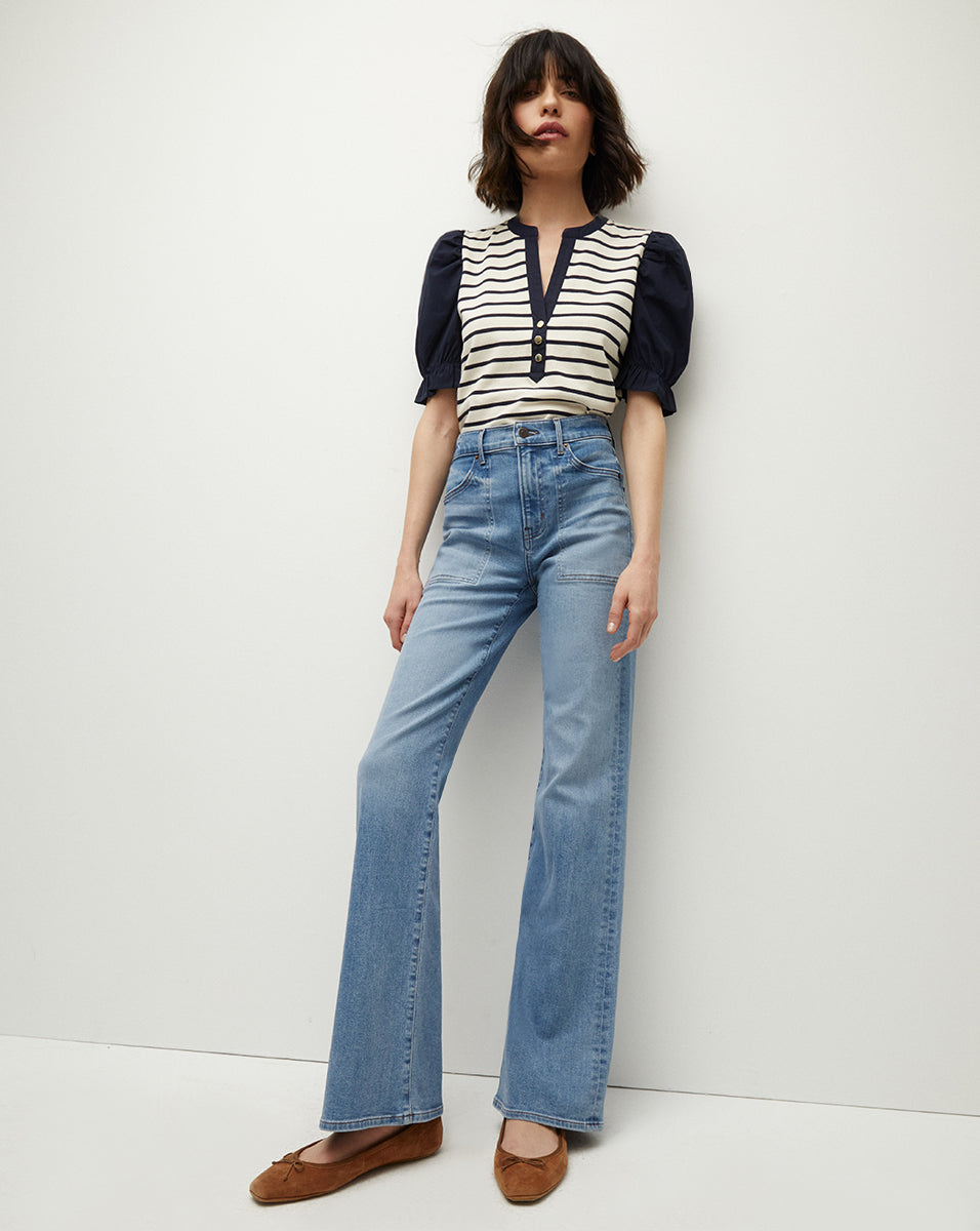Puff-Sleeve Cotton Top with Colorblocking | Raegan