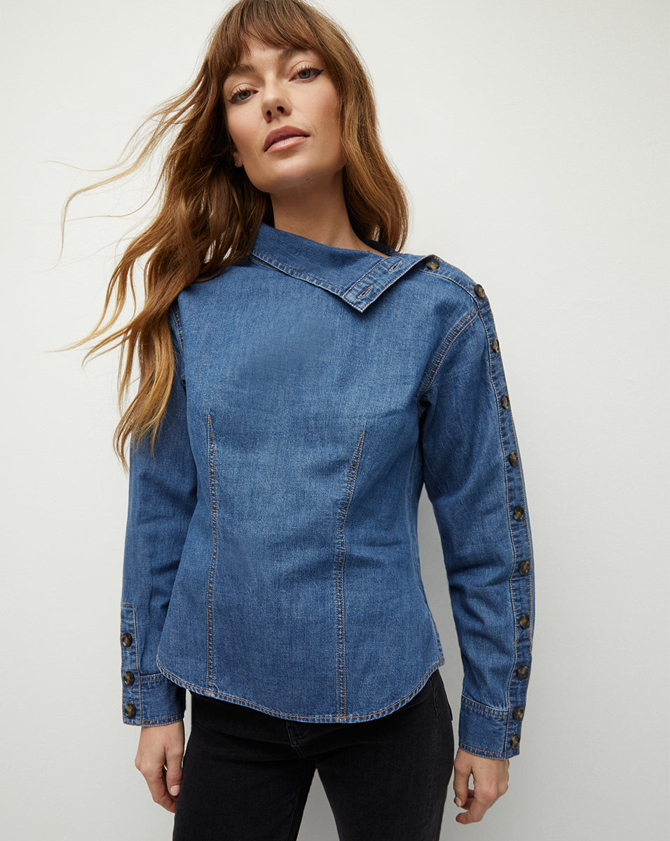 Asymmetrical Denim Shirt with Unique Collar & Sleeve Buttons | Fauri