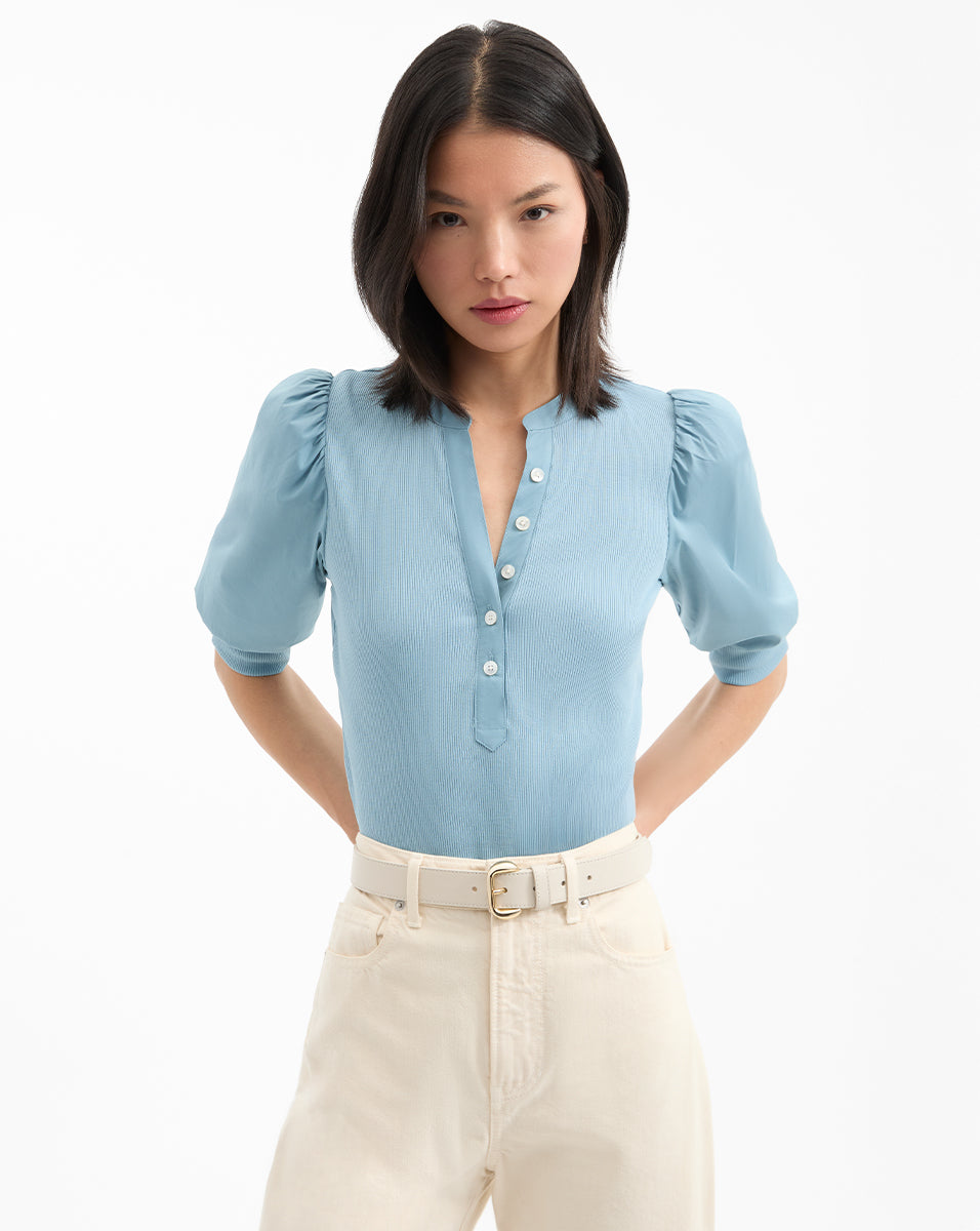 Puff-Sleeve Button-Down Tee with V-Neck | Coralee