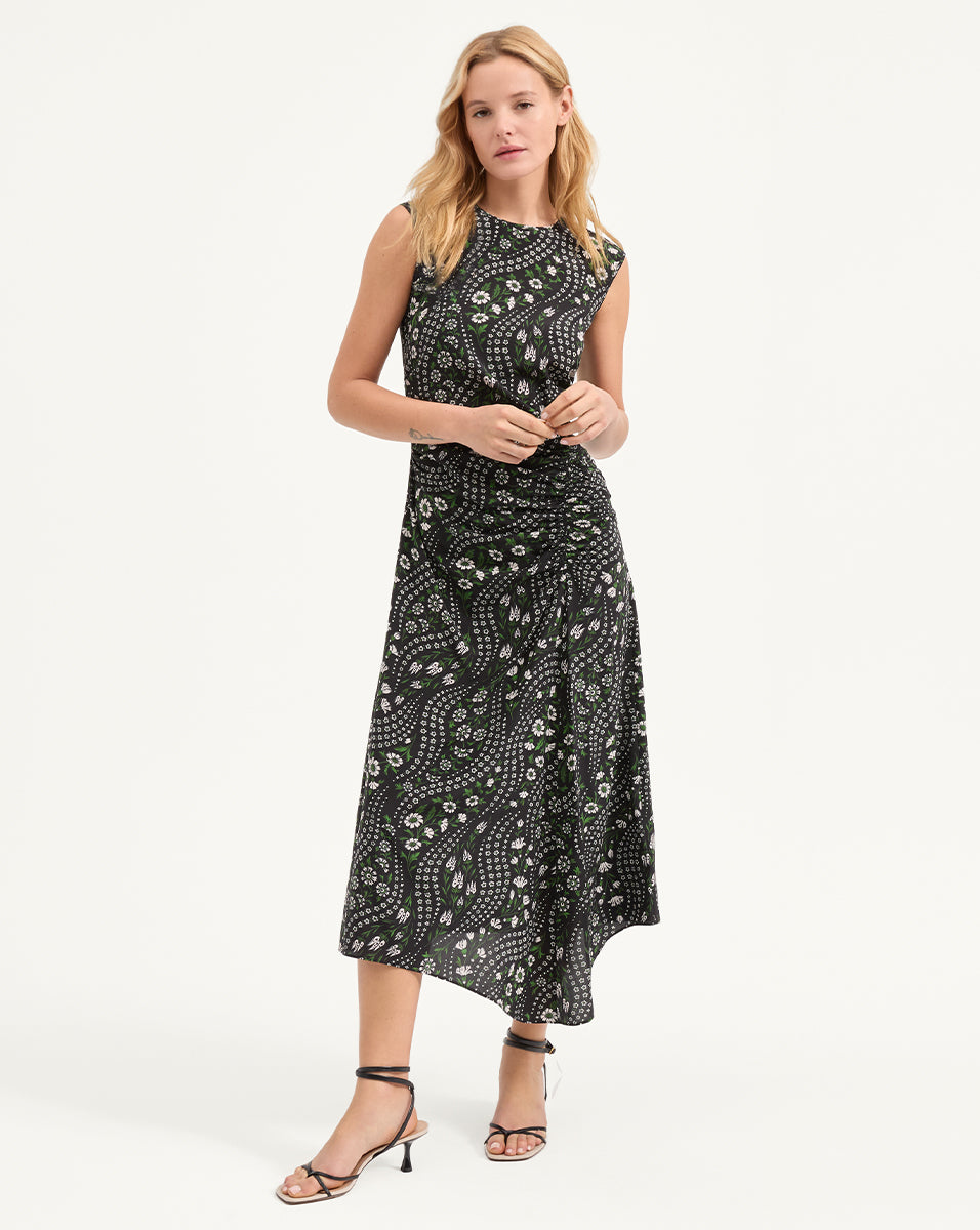 Silk Midi Dress with Asymmetrical Hem & Floral Print | Viviana