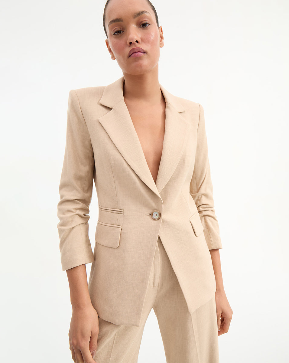Khaki Stretch Blazer Jacket with Pre-Ruched Sleeves | Battista