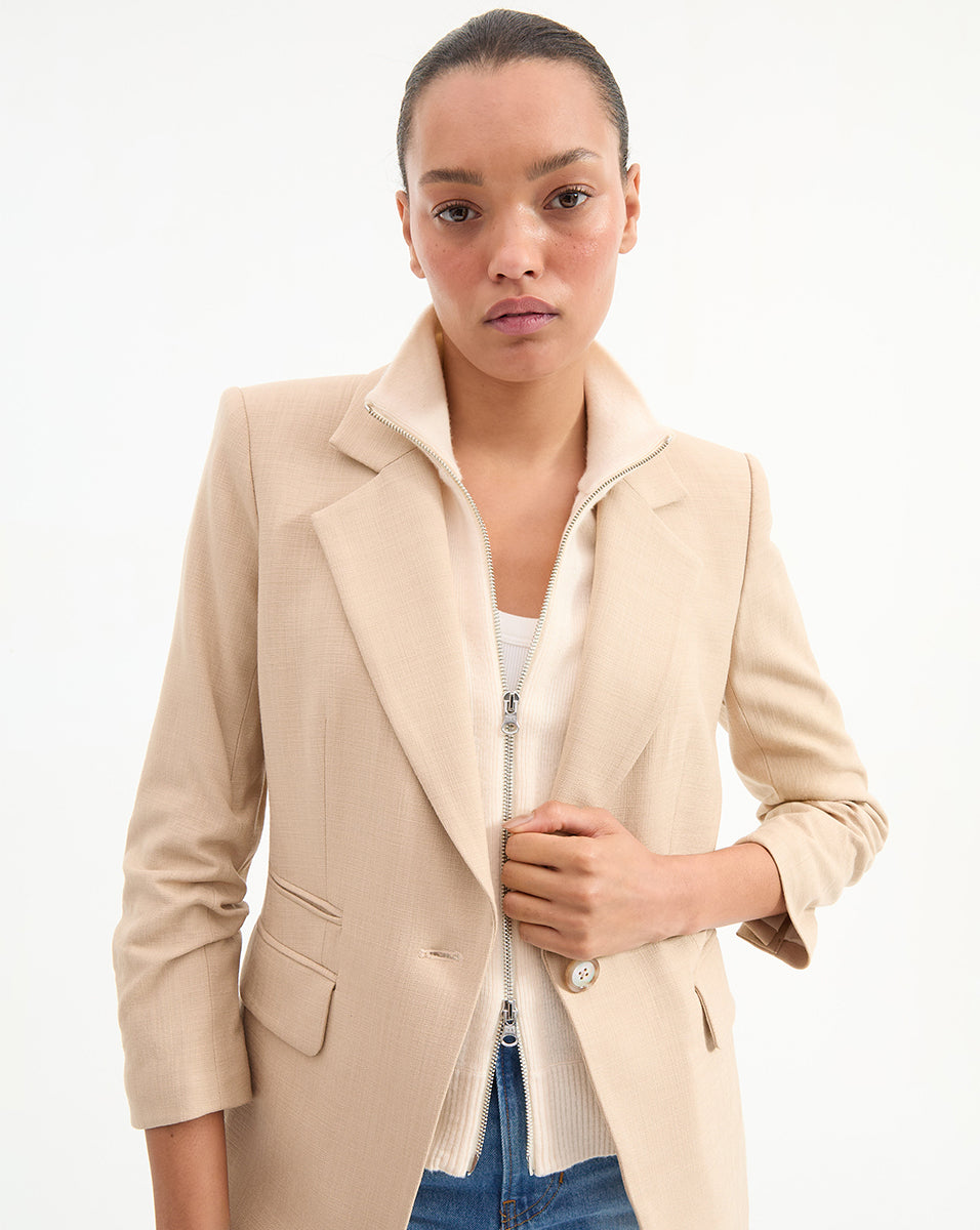 Khaki Stretch Blazer Jacket with Pre-Ruched Sleeves | Battista