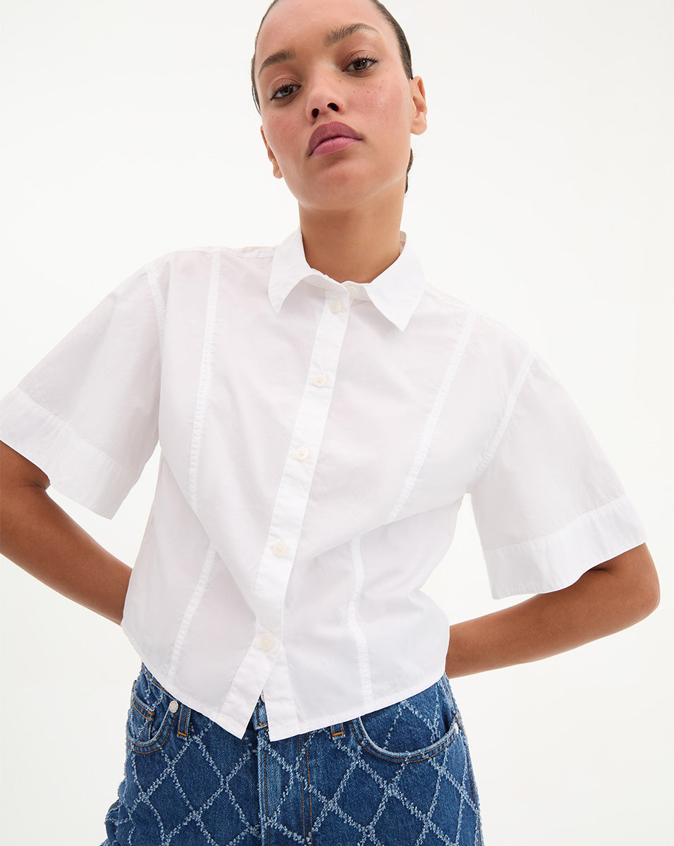 Cropped White Button-Down Shirt with Bell Sleeves | Claire