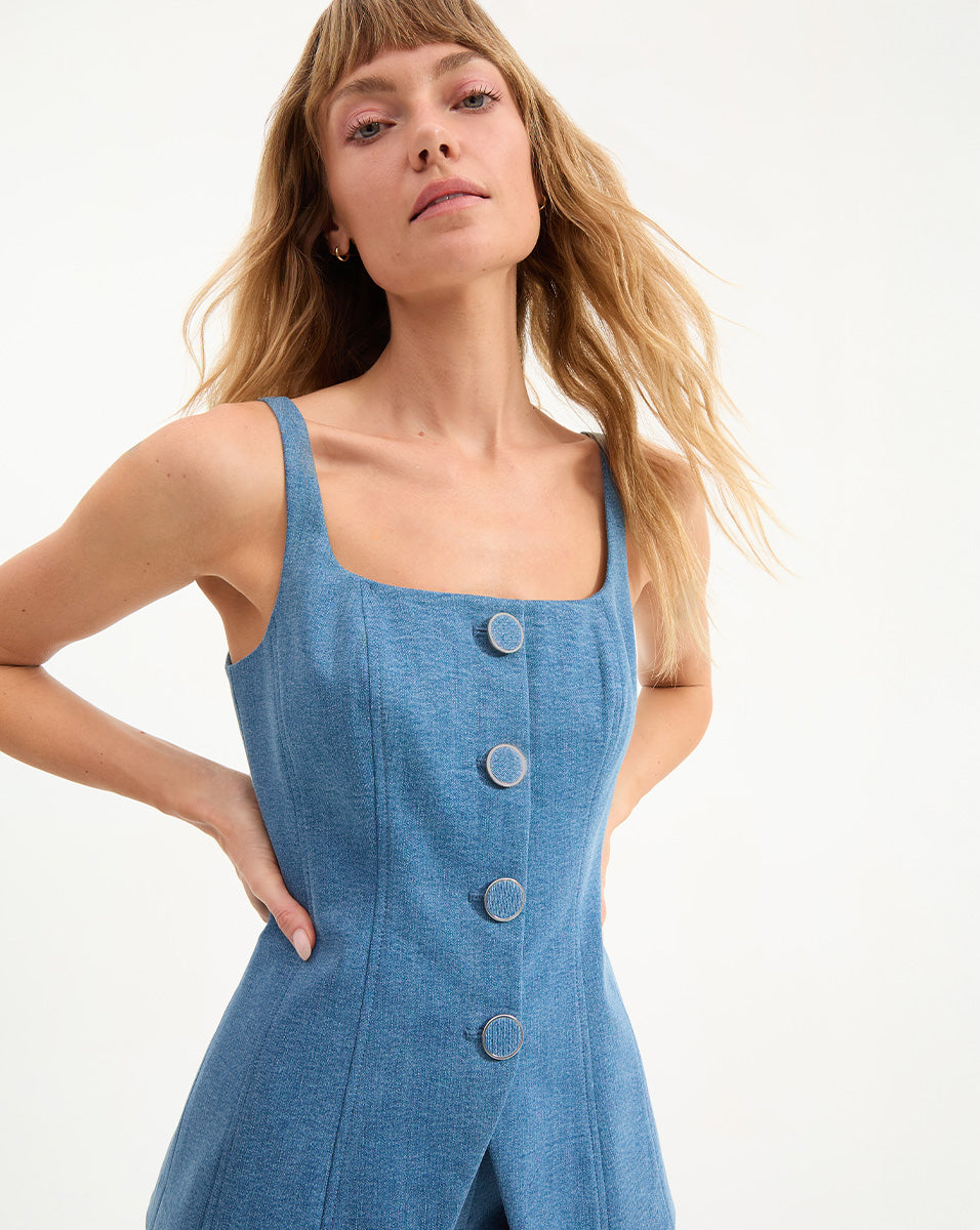Stretch Denim Button-Up Vest with Cinched Waist | Liana