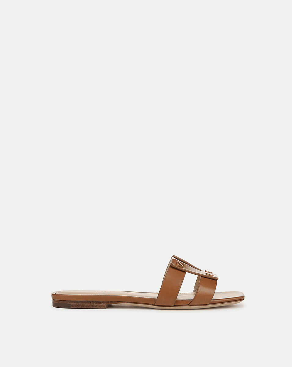 Leather Slide Sandals with Gold Hardware | Via Open-Toe Straps