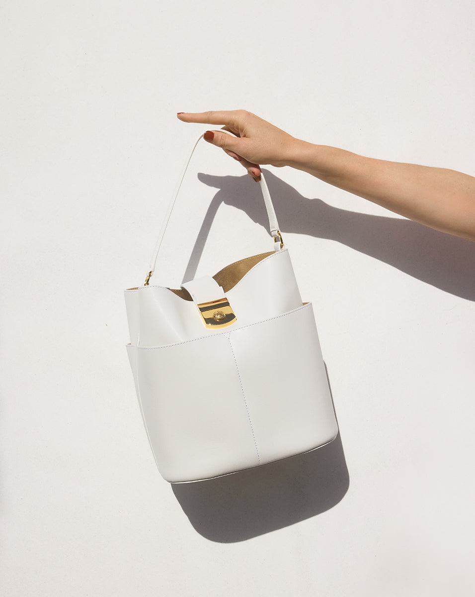 Leather Bucket Bag with Crest Lock & Suede Interior | Large Tote