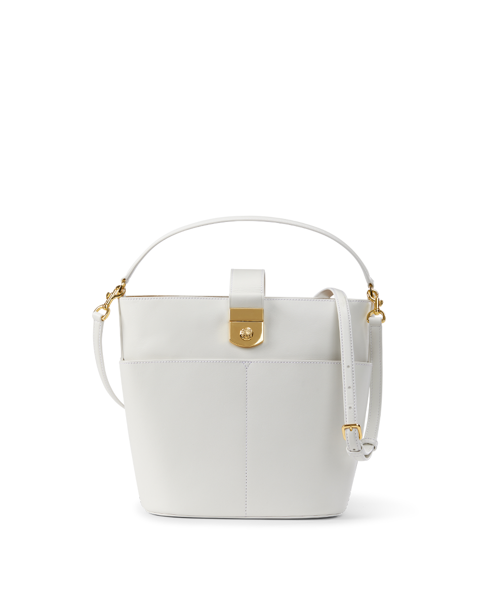 Leather Bucket Bag with Crest Lock & Suede Interior | Large Tote