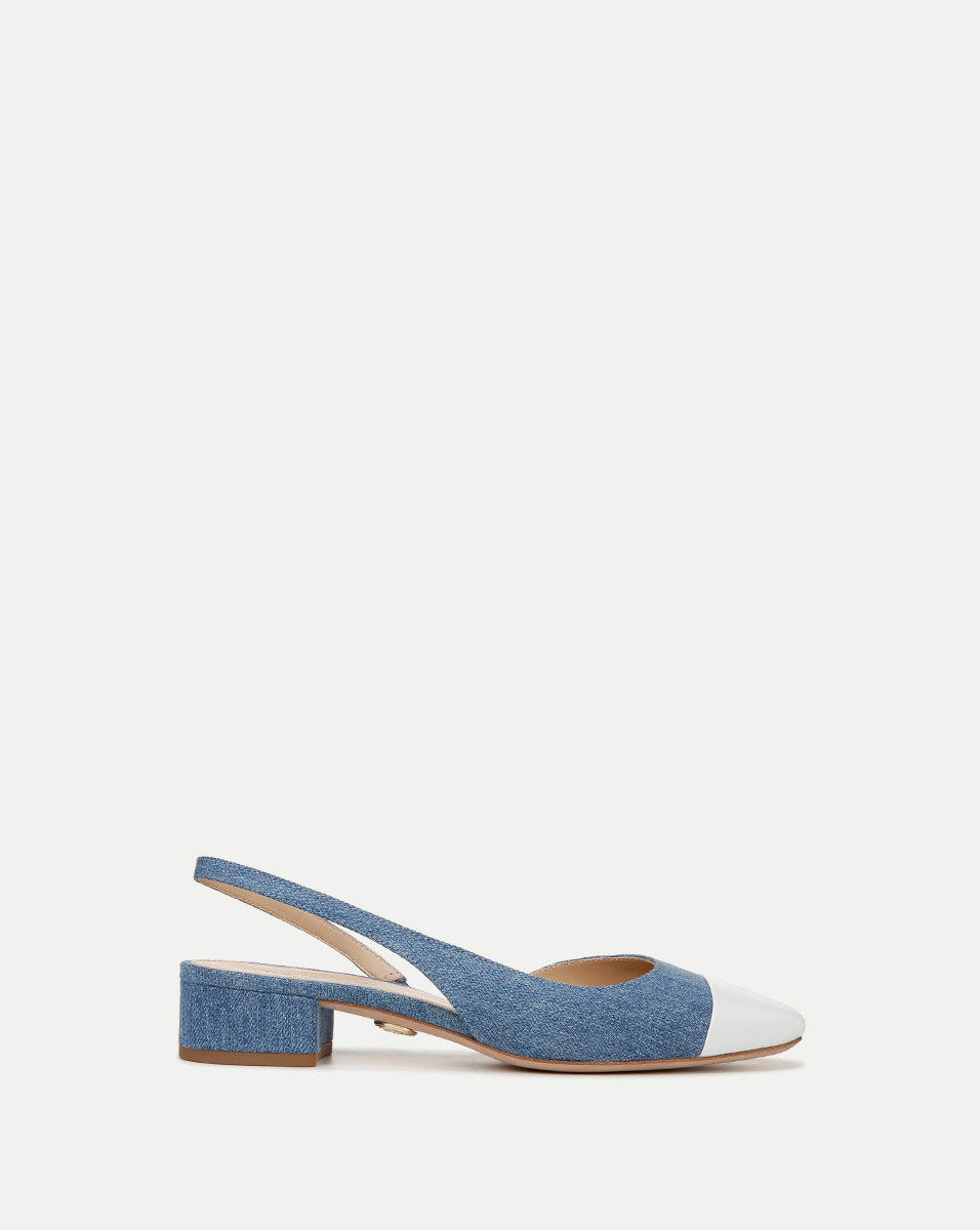 Denim Cap-Toe Slingback with Leather Toe & Block Heel | Cecile