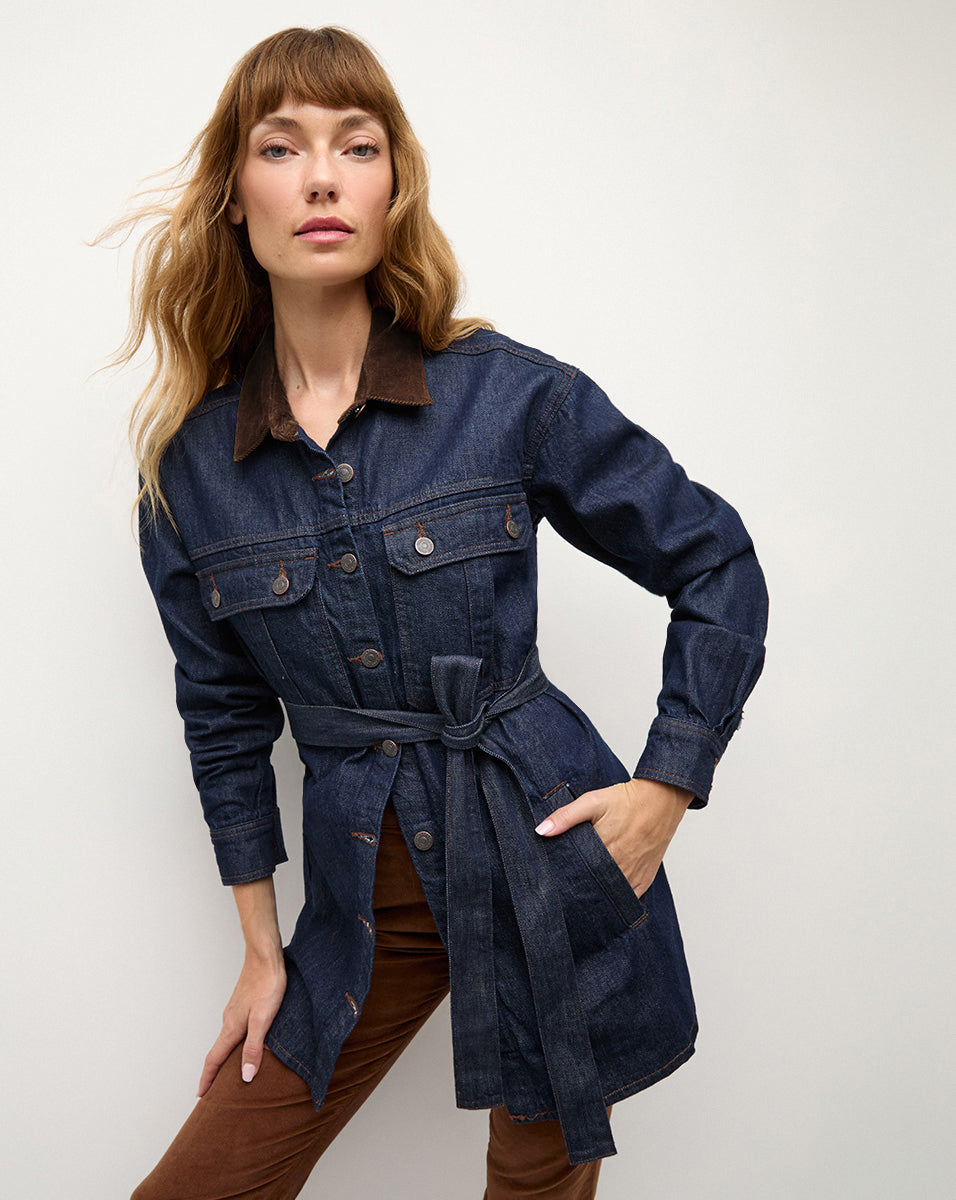 Denim Shacket with Corduroy Collar & Safari Pockets | Mikaela