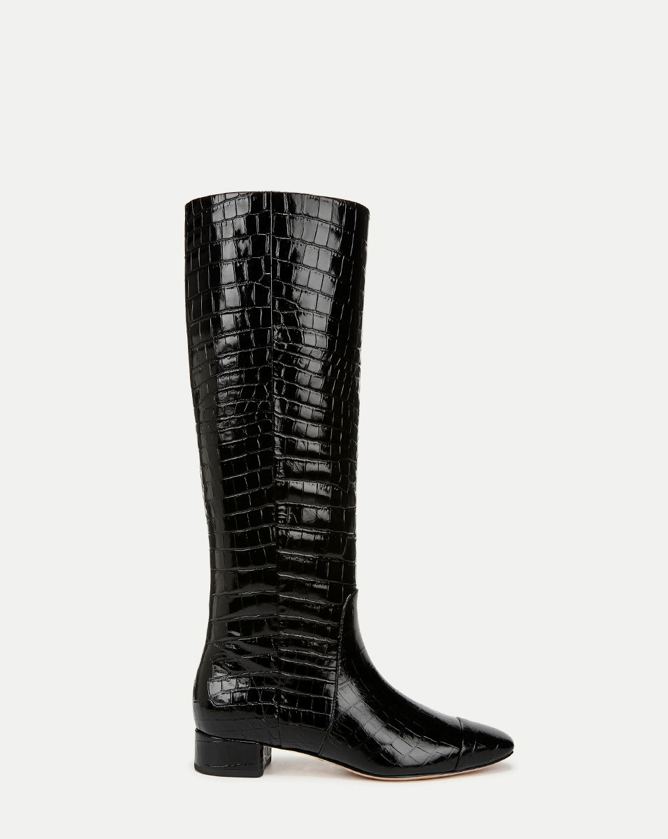 Croc-Embossed Leather Knee High Boots with Block Heel | Cecile