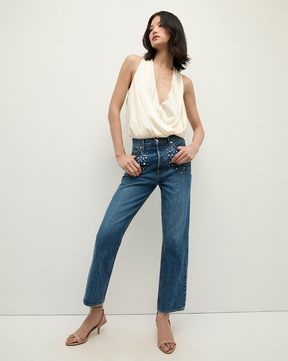 Embellished Straight-Leg Jeans with Pearl & Rhinestone Details | Daniela