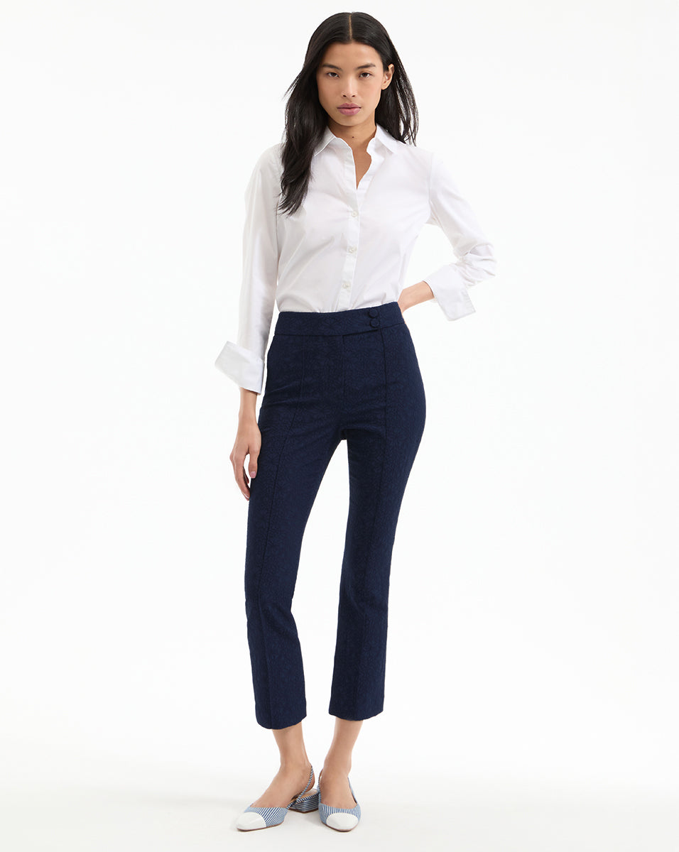 Navy Floral Jacquard Pants for Women | Dell High-Rise Trousers