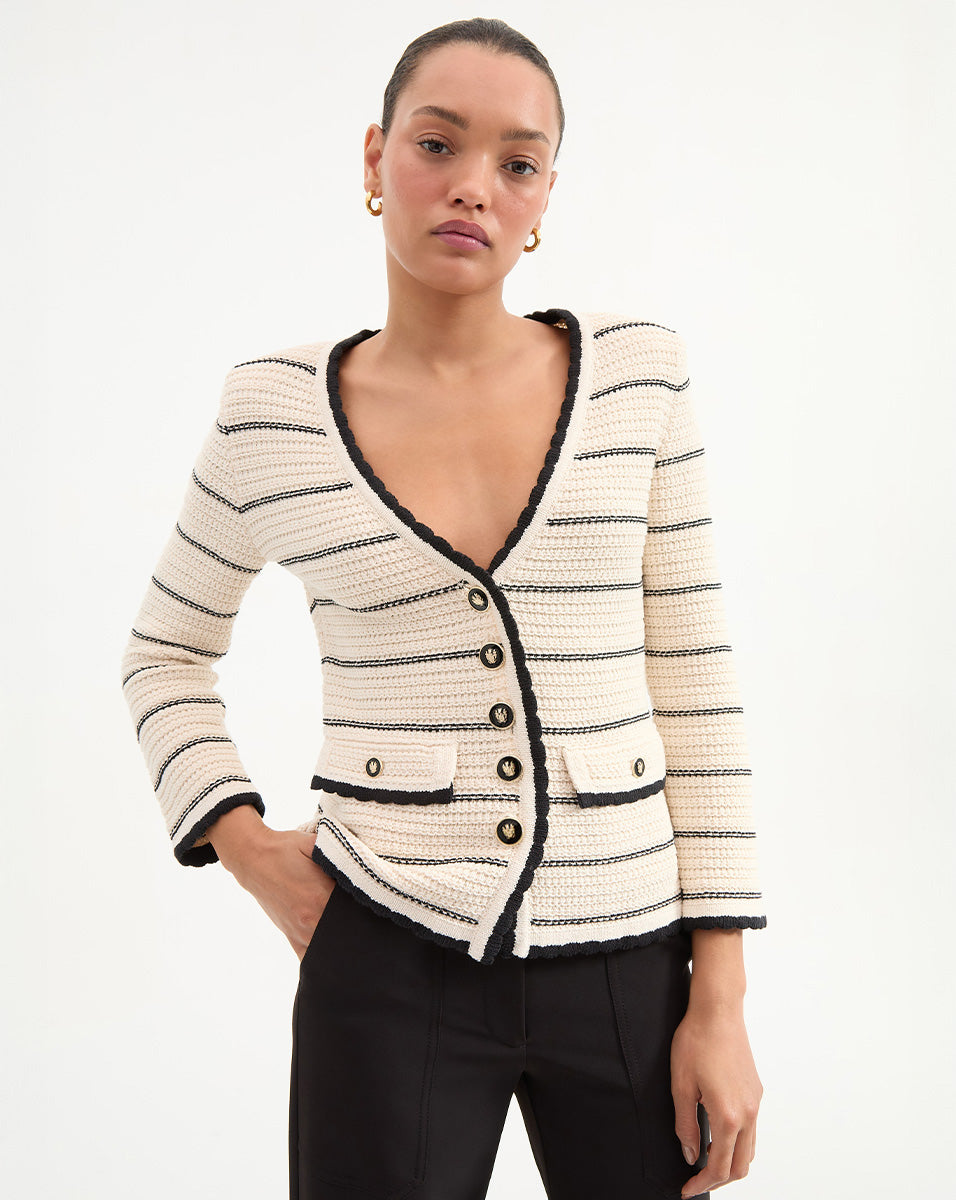 Striped Cotton Knit Jacket with V-Neck & Flap Pockets | Ceriani