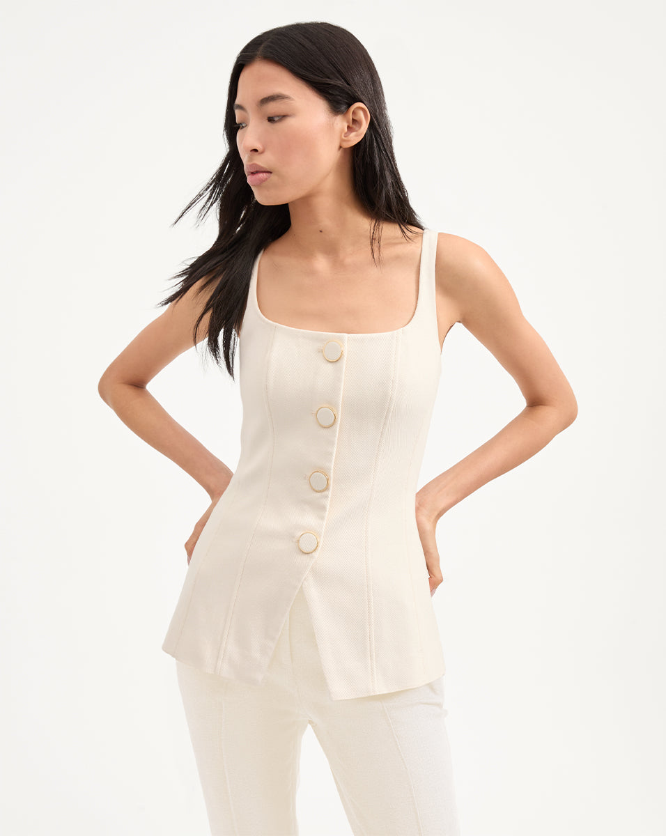 Stretch Denim Button-Up Vest with Cinched Waist | Liana