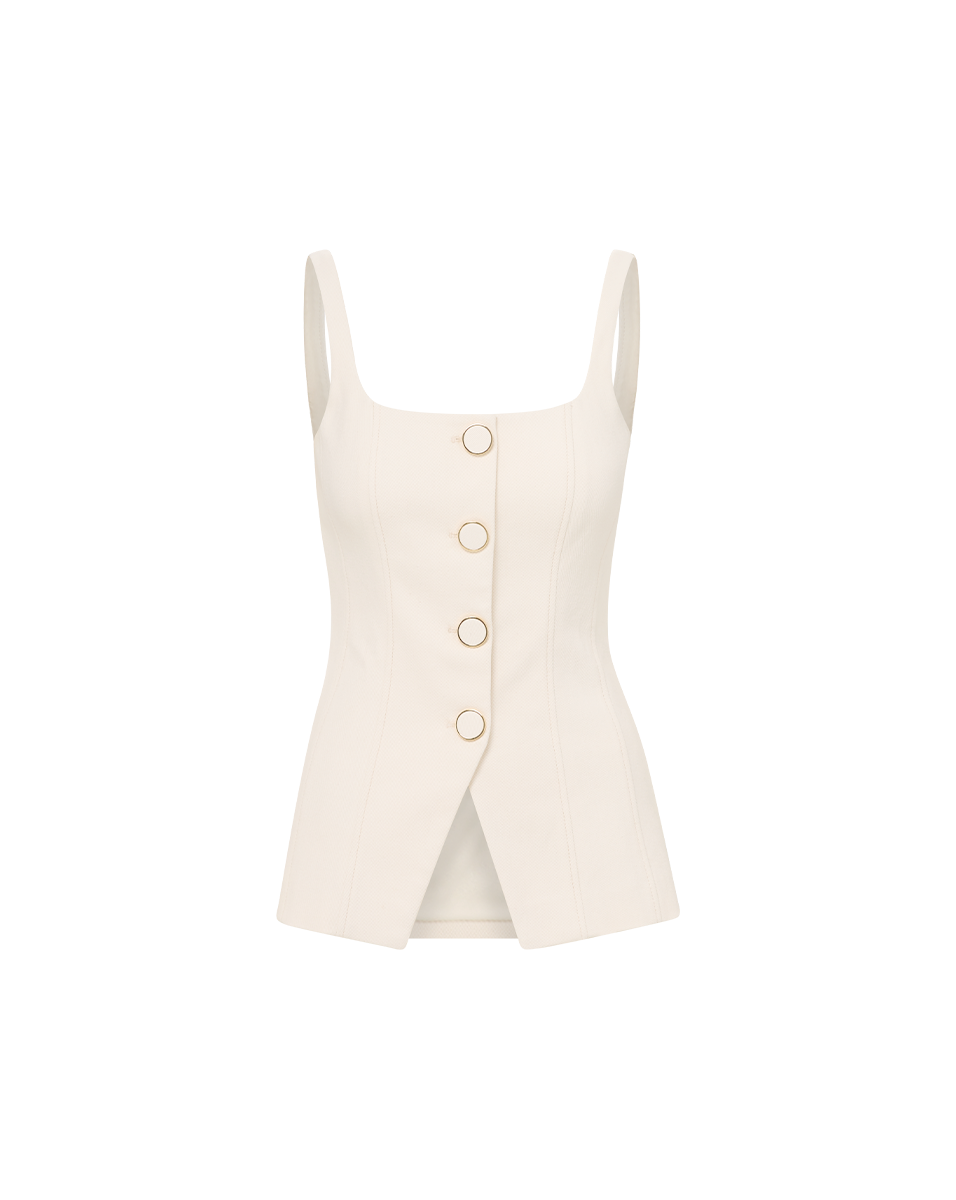 Stretch Denim Button-Up Vest with Cinched Waist | Liana