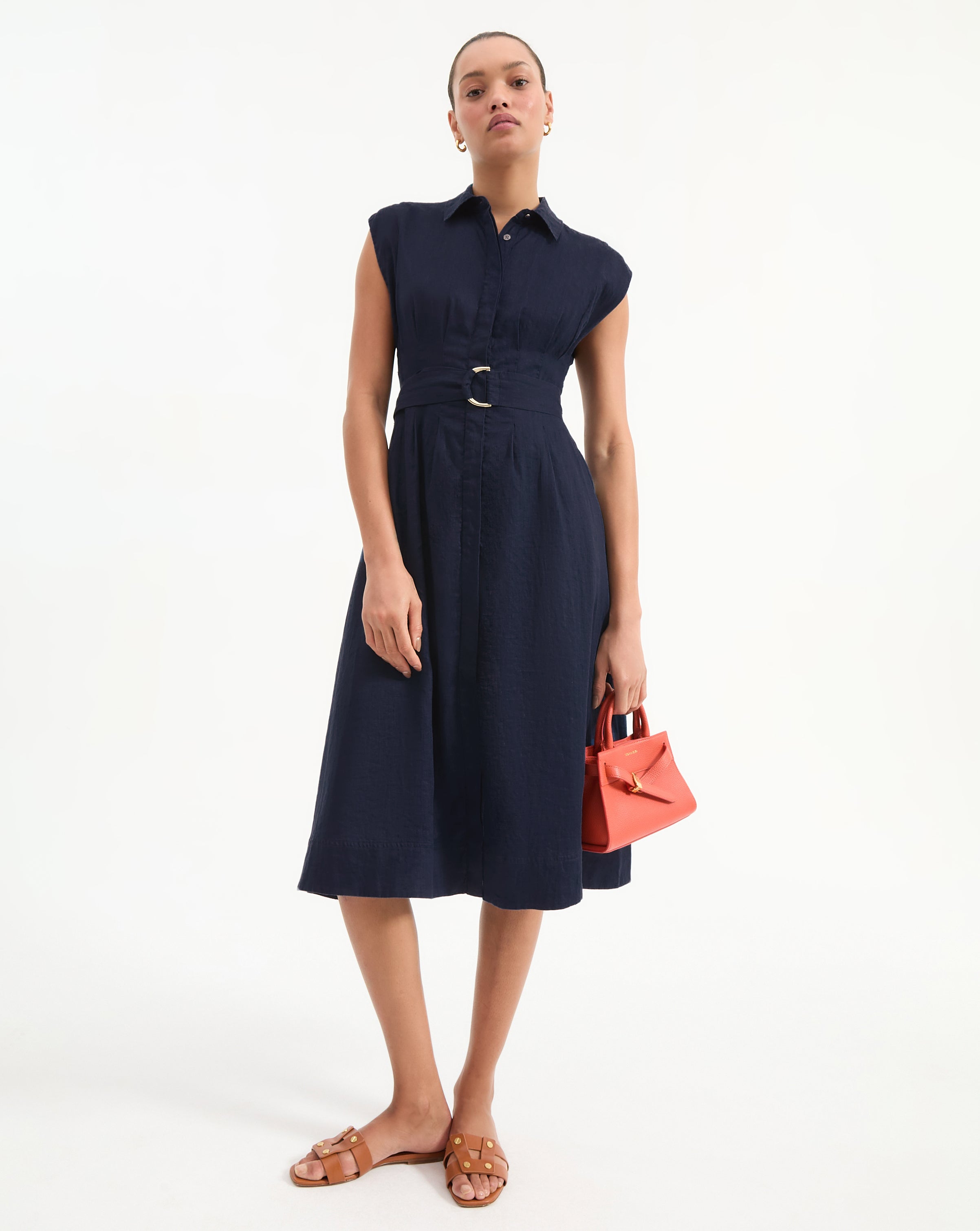 Linen Midi Dress with Belt & Cap Sleeves | Loreta Navy