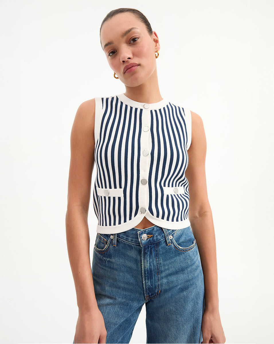 Navy & White Striped Sweater Vest with Ribbed Trim | Leland