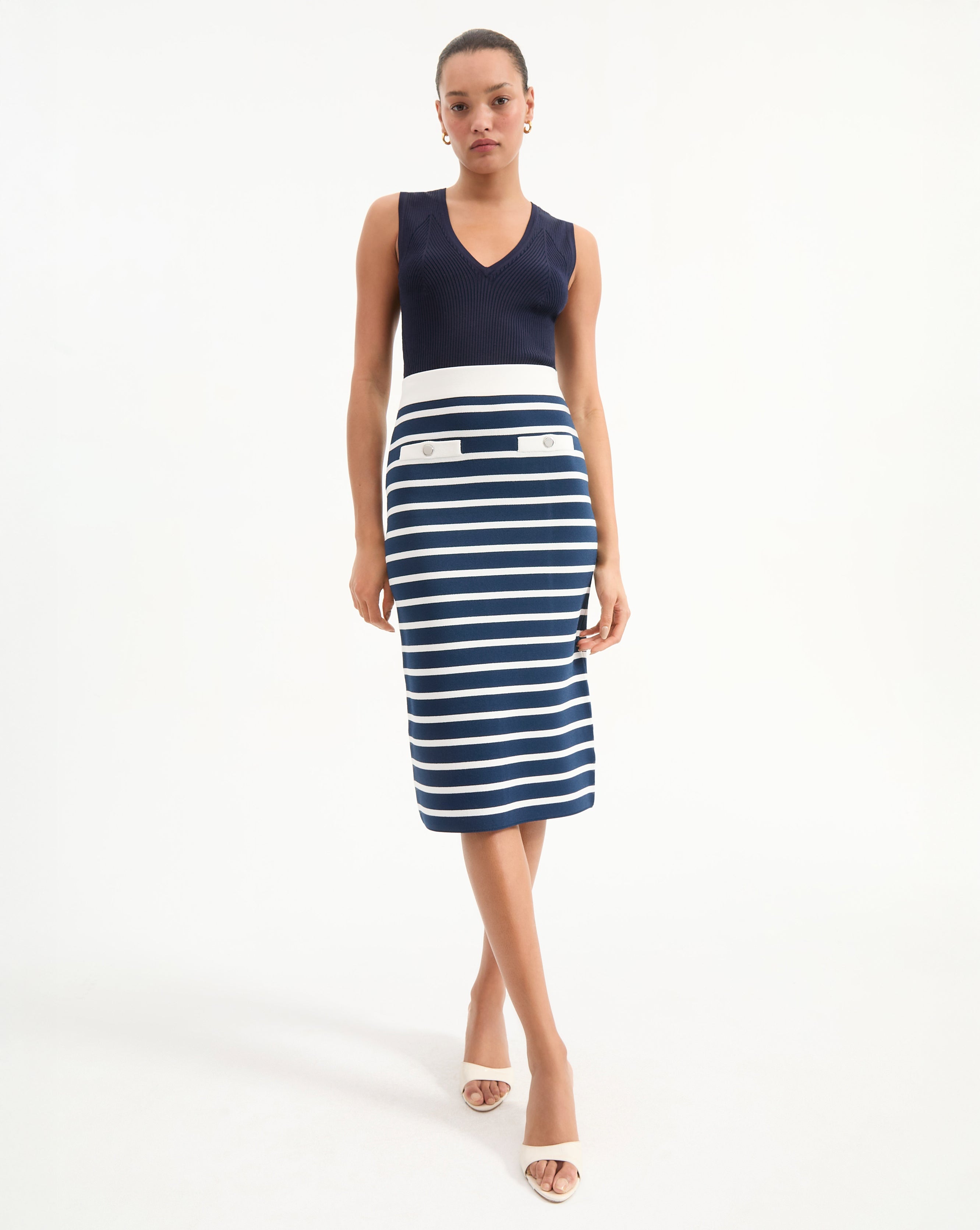 Navy & White Striped Midi Skirt with Faux Pockets | Corbin