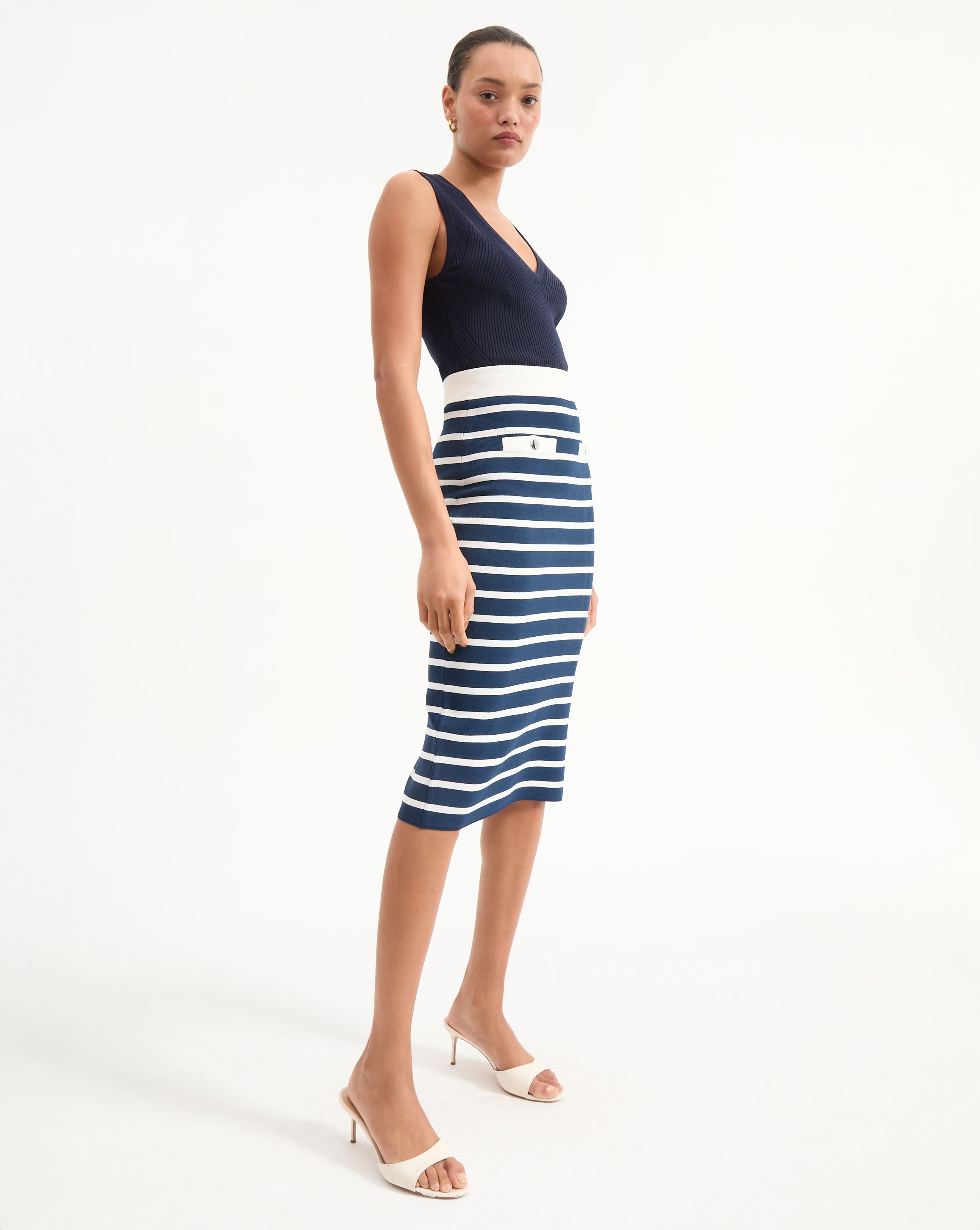 Navy & White Striped Midi Skirt with Faux Pockets | Corbin