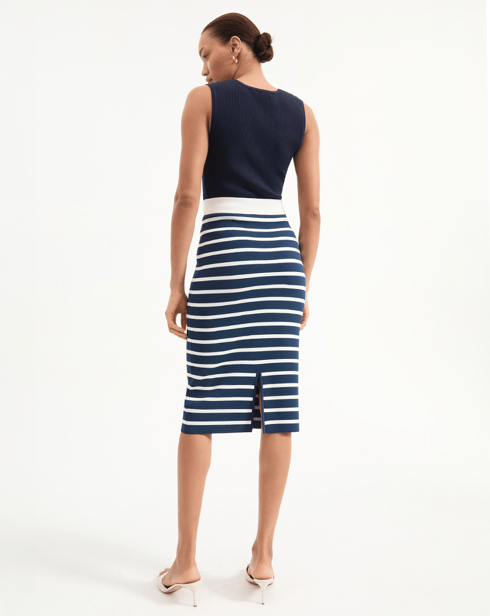 Navy & White Striped Midi Skirt with Faux Pockets | Corbin