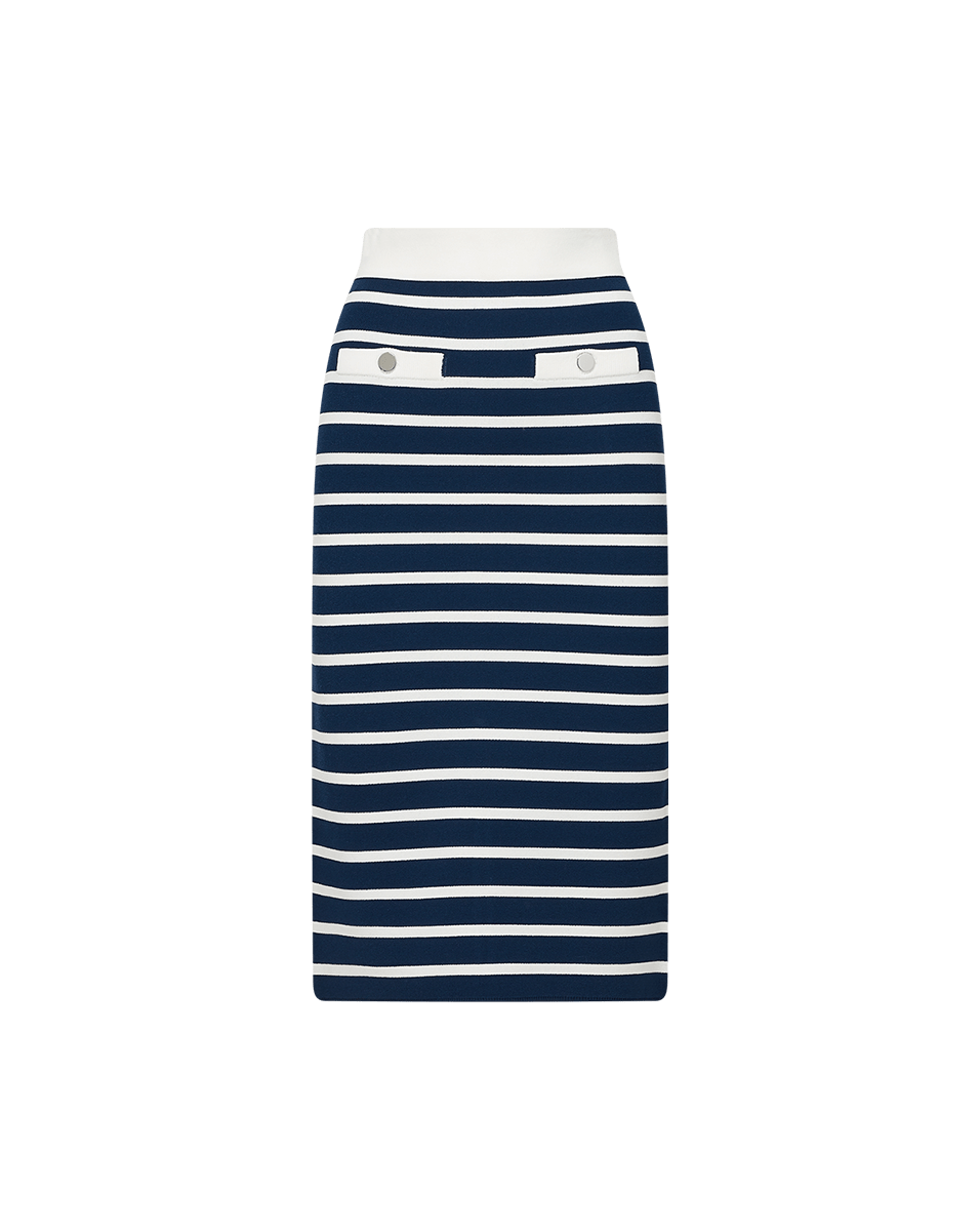 Navy & White Striped Midi Skirt with Faux Pockets | Corbin