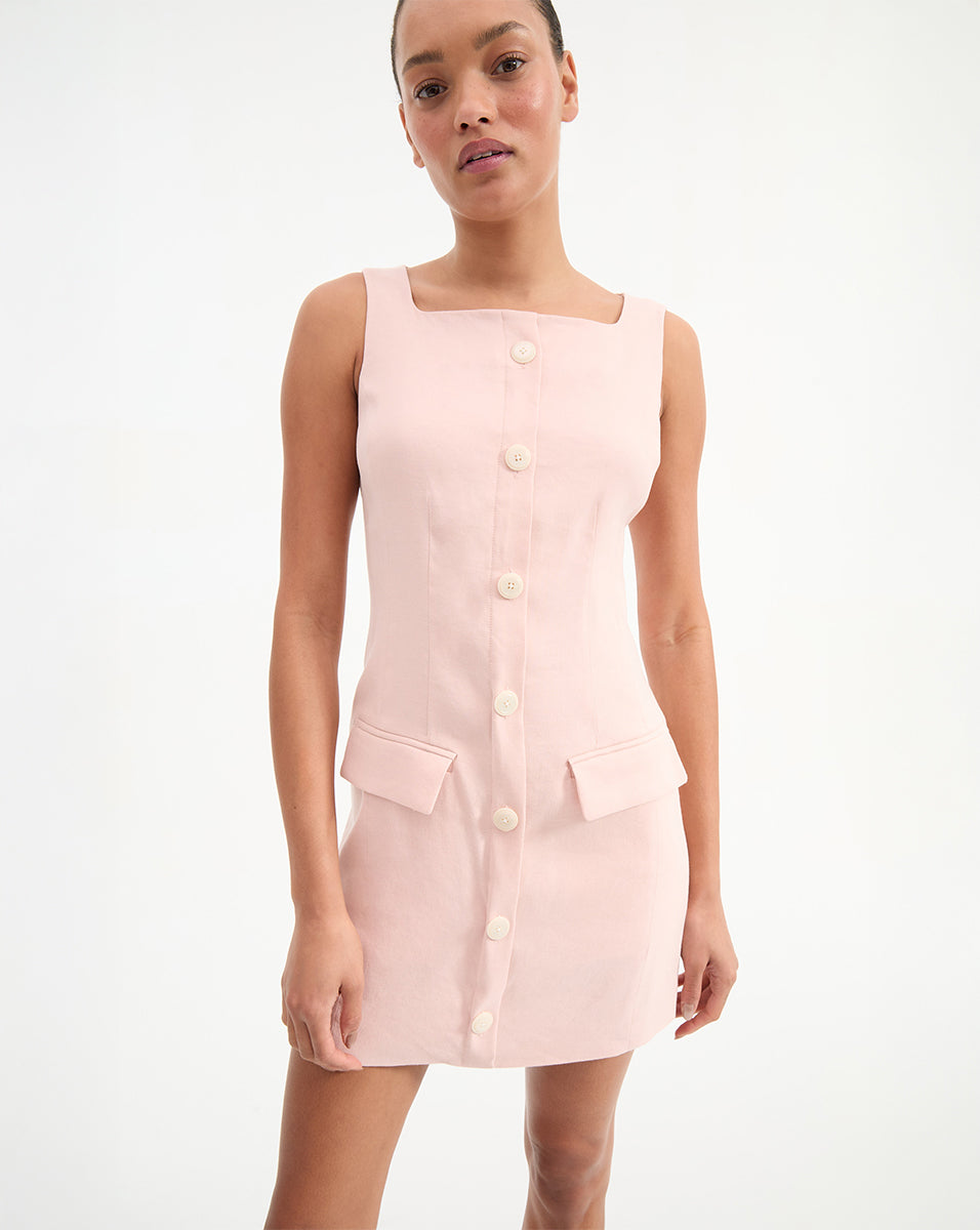 Linen Mini Dress with Square Neck & Button Detail | Evan