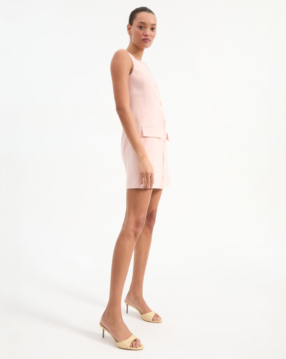 Linen Mini Dress with Square Neck & Button Detail | Evan
