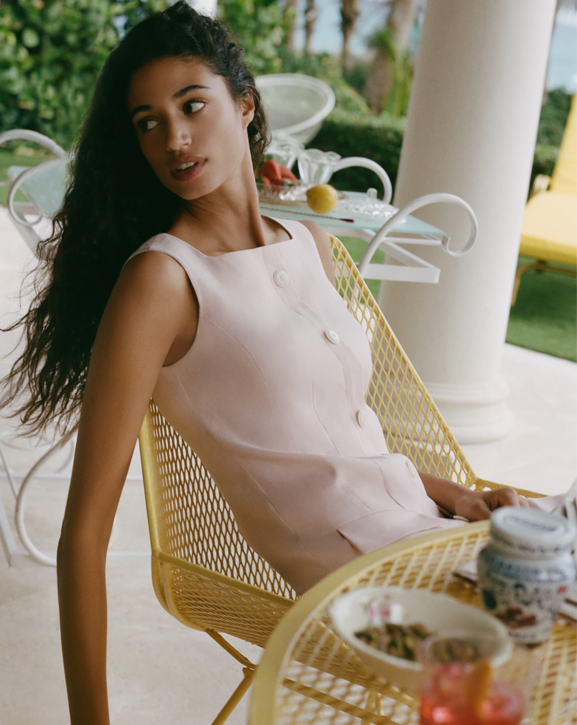 Linen Mini Dress with Square Neck & Button Detail | Evan