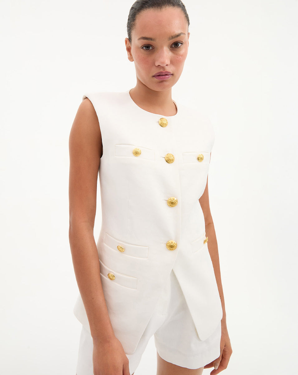 Stylish Linen Vest with Gold Buttons & Angled Hem | Tamara